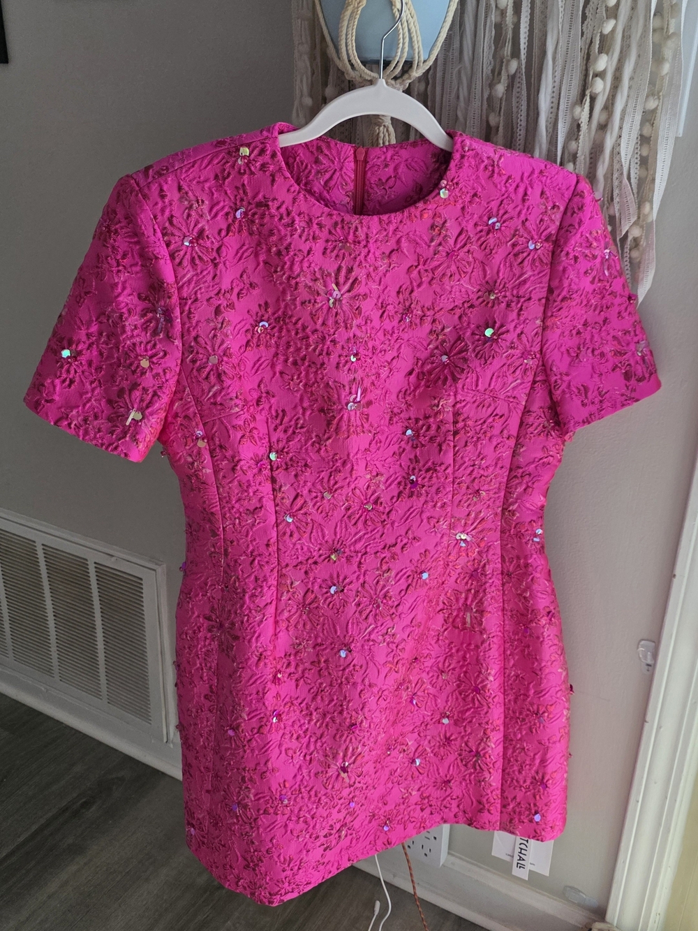 Embellished Hot Pink Mini Dress - Short Sleeve